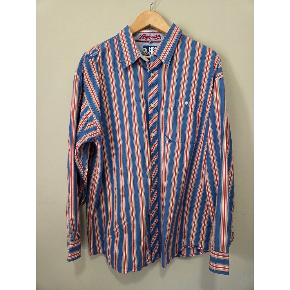 Akademiks Men XL Striped Button Down Shirt Long Sleeve Blue Red White Streetwear